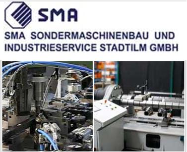 Firmenlogo der SMA Sondermaschinenbau und Industrieservice Stadtilm GmbH über zwei Fotos aus der industriellen Fertigung.